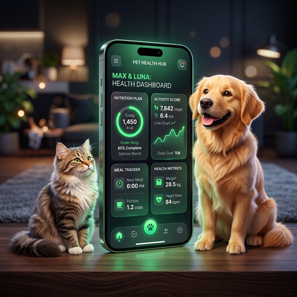NutriPaws Dashboard en Smartphone junto a perro y gato